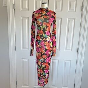 AFRM Shailene Mesh Floral Bodycon Mock Neck Long Sleeve Midi Dress Size S/P